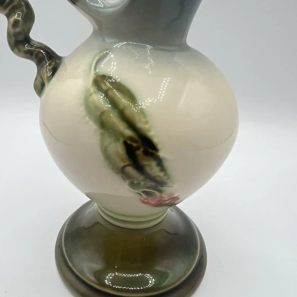 VTG Hull Pottery Woodland Ewer Pitcher W6 6½” Pink Floral Green Handle USA